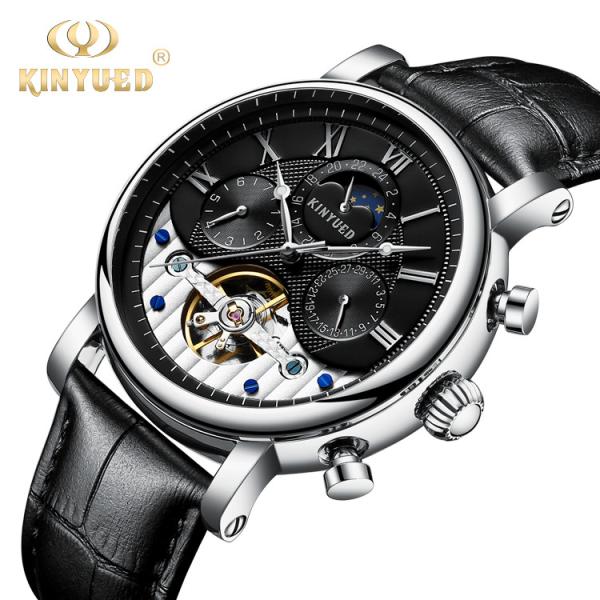 KINYUED leather tourbillion watch mechanical mens moon phase automatic