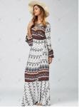Ethnic Print High Slit Bell Sleeve Wrap Dress Bohemian beach long woman dress