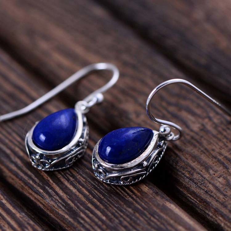 Thai Sterling Silver Natural Lapis Lazuli Drop Dangel Retro Earrings (043143W)