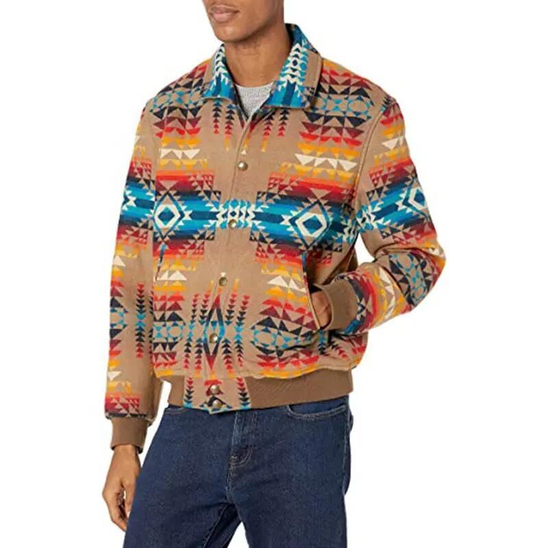 Western Clothing Custom Plus Size Men&prime;s Geometric Pattern Single Breasted Turndown Aztec Style Coats Jackets for Men