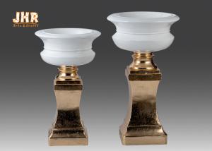 Quality Glossy White Fiberglass Flower Pot With Gold Leaf Pedestal Floor Vases wholesale