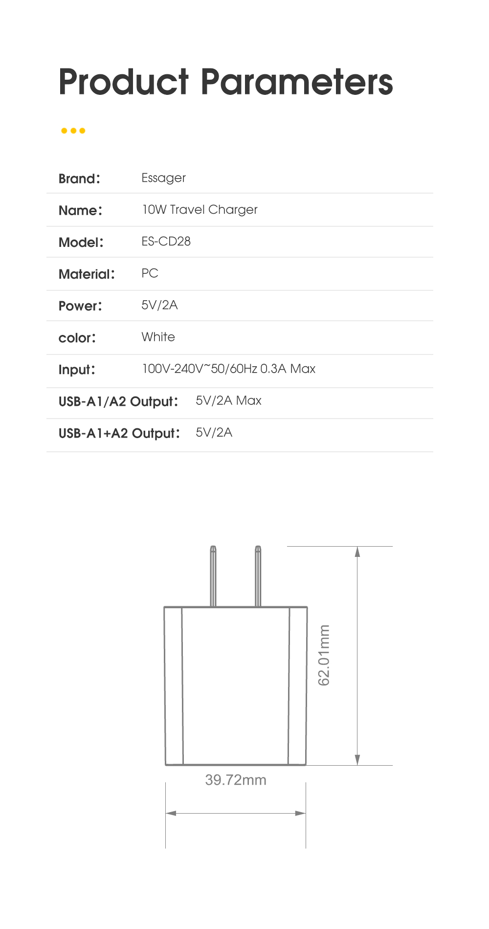 Essager 2022 XiaoYi New Arrival Mini Portable 10w 3A Travel Smart Fast Wall Charger For Cell Phone