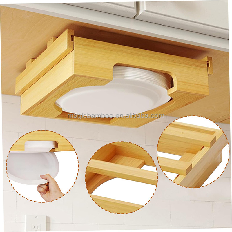 Adjustable Bamboo Kitchen Shelf Organiser Single Tier Under Cabinet Paper Plate Dispenser