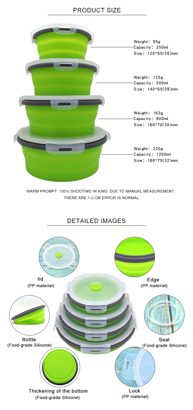 4pcs Round Silicone Folding Lunch Box 350 500 800 1200ML