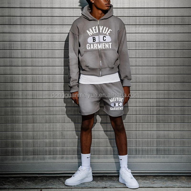 Custom Acid Wash Cropped Hoodie Vintage Shorts Track Suit Sun Faded Shorts Zip up Screen Print Hoodies and Short Set for Men