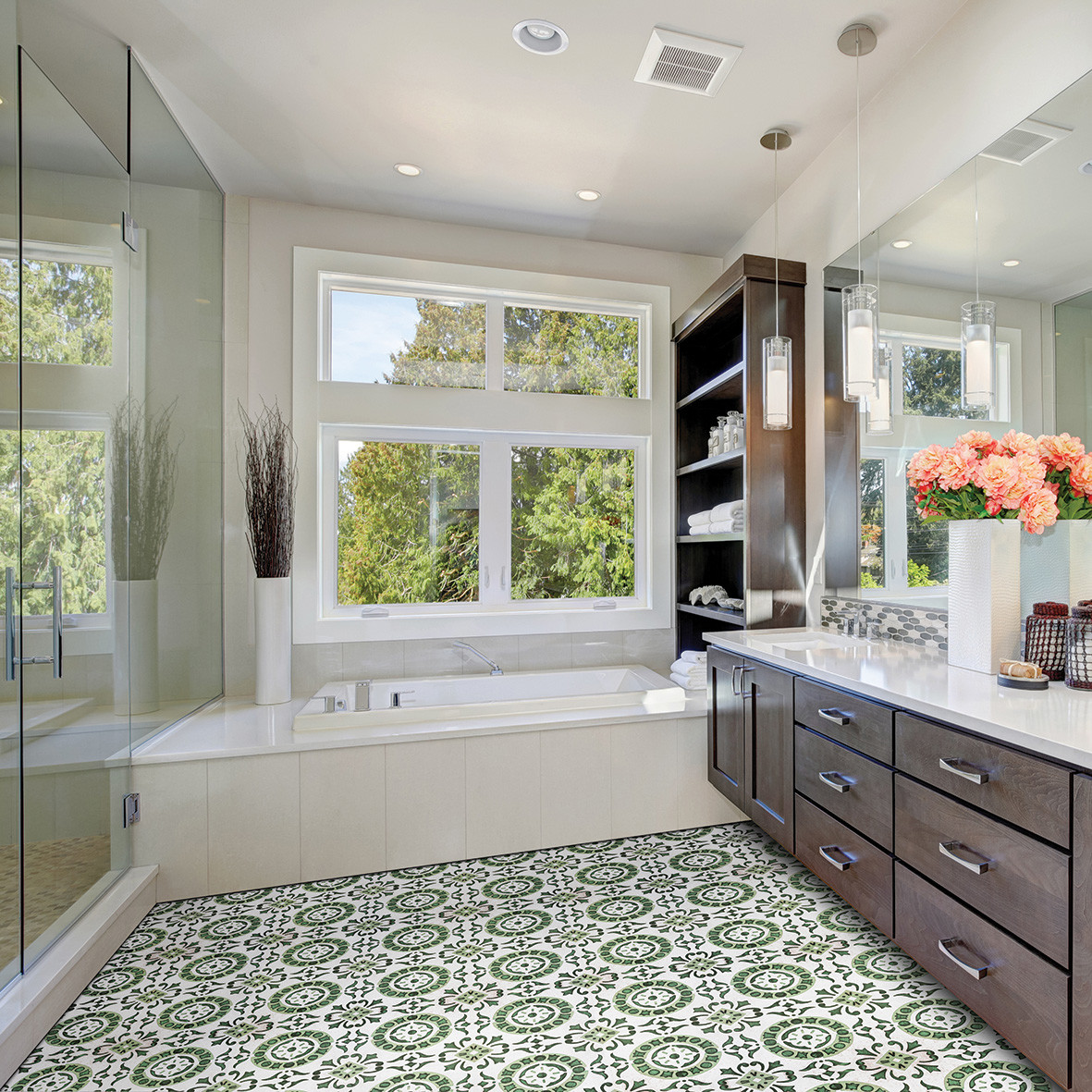 Patterned Retro Bathroom Floor Tile PVC Self Adhesive