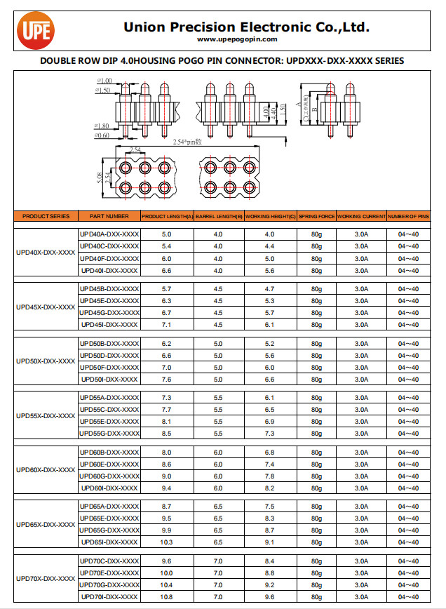 DIP Type 4 Pin Pogo Connector Double Row Pogo Pins Connector 2.54mm Pitch