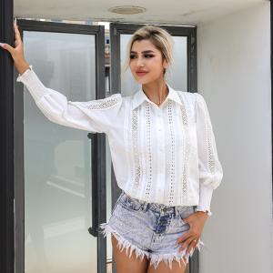 Quality Lantern Sleeved High Neck Flared Blouse Chic Black High Waisted Lace Tops With Stand Collar For Women wholesale