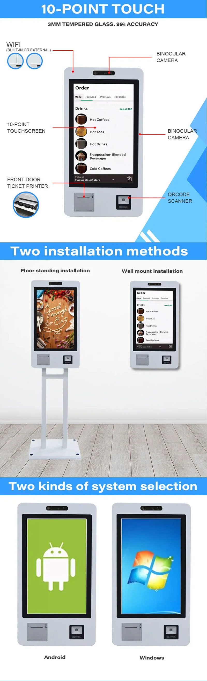 LONGVISION Wall Mounted Restaurant POS Kiosk Self Service Ordering