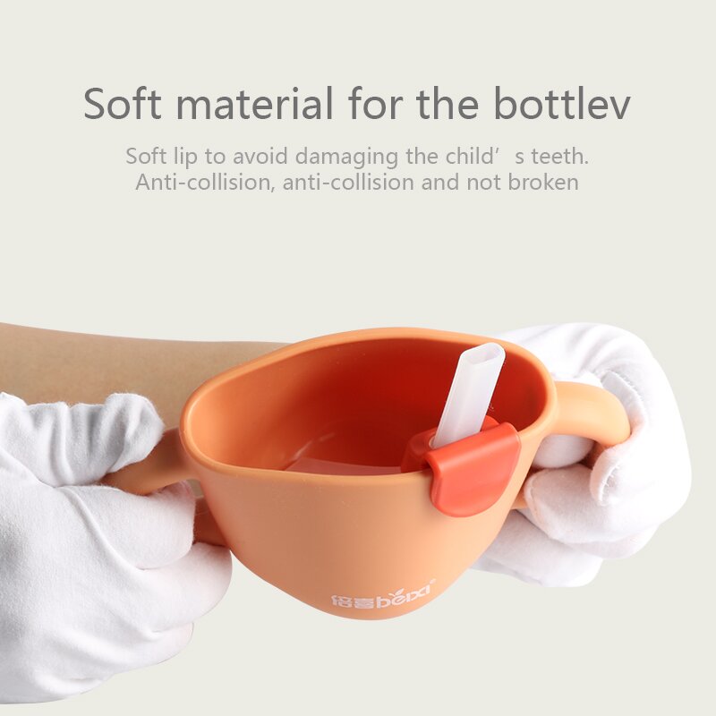 Orange BPA Free Silicone Handle Feeding Bottle Baby Sippy Cup With Straw For Kids