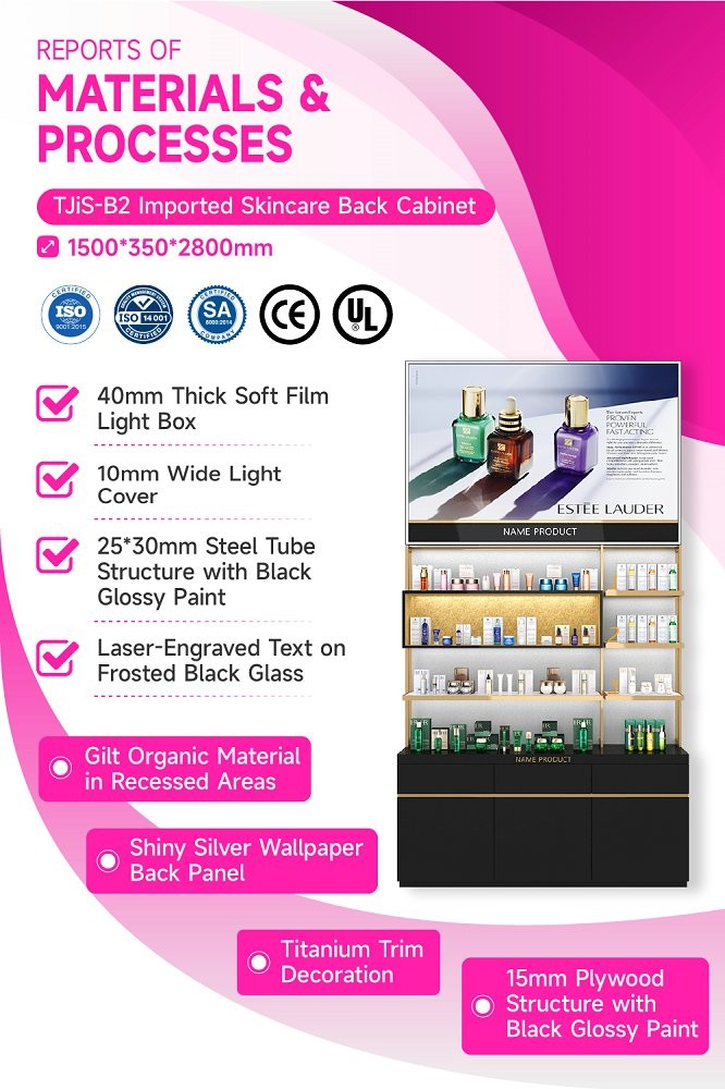 TJiS-B2 Shiny Silver Wallpaper Skincare Display Cabinet with 40mm Light Box