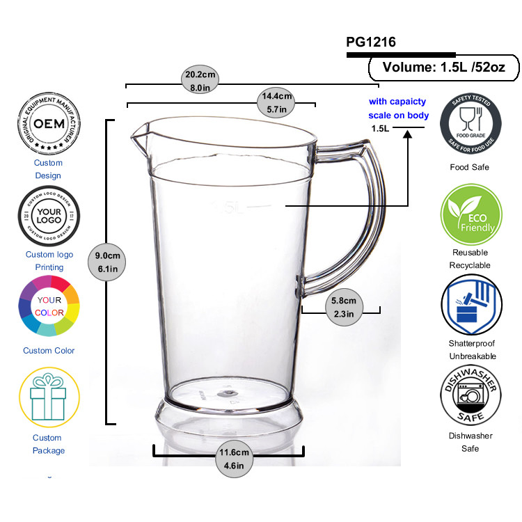 60oz SAN Plastic Beverage Pitcher Restaurant Water Pitcher For Parties Home