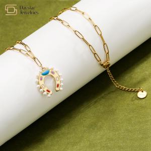 Quality Pearl Enamel Horseshoe Pendant Stainless Steel Paperclip Chain Necklace For Women wholesale