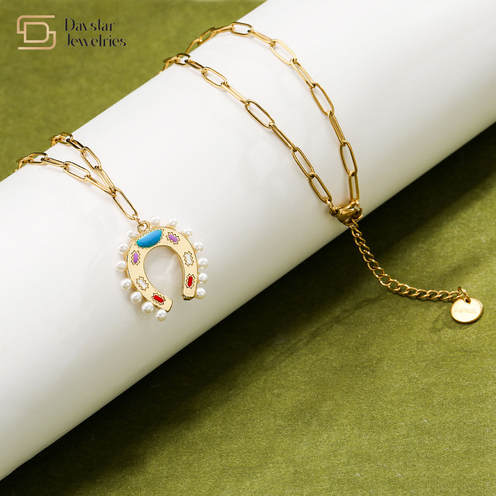 Pearl Enamel Horseshoe Pendant Stainless Steel Paperclip Chain Necklace For Women