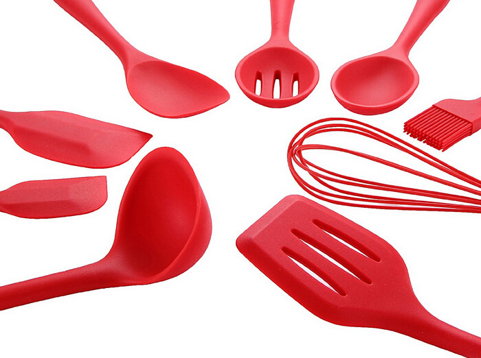 China LFGB FDA bpa free heat resistant red 10 pcs silicone kitchen utensil set