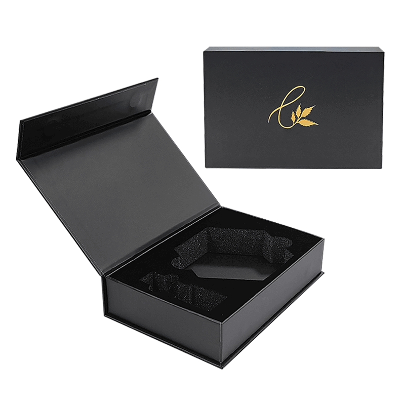 Custom Black Matte Stamped Gold Logo Magnetic Gift Jewelry Paper Box With Foam Insert