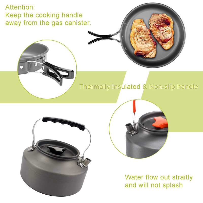 Outdoor Non Stick Camping Cookware Mess Kit Aluminum Picnic Cooking Pot Set