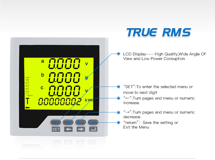 Three Phase LCD display Multifunction Power Meter with harmonic and multi-rate