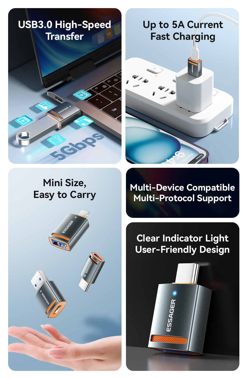 Plug In Micro USB OTG Adapter USB A C Lightning OTG Connector ESSAGER ES-OTG17 Series