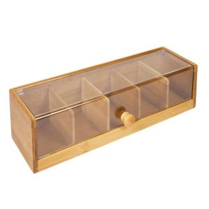 Quality 5 Compartment Pretty Bamboo Wooden Tea Bag Caddy Box Organizer and Storage with Acrylic Lid wholesale