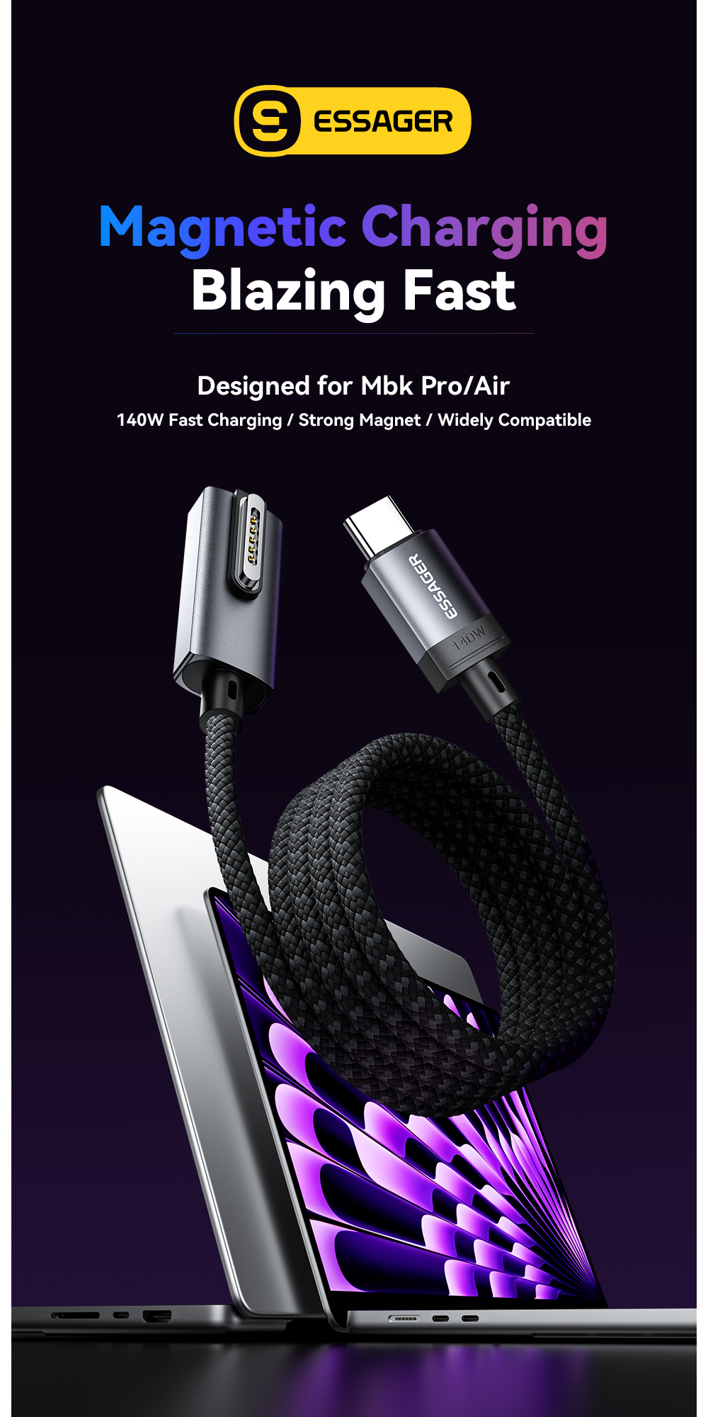 ESSAGER ES-X69 Series 140W USB C Cord for MacBook Magnetic Charging Cable