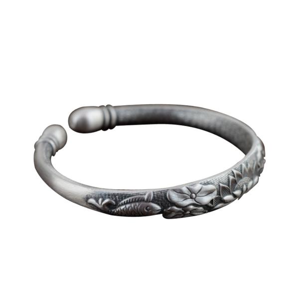 Women Engraved Water Lily Buddhist Sutras Sterling Silver Cuff Bracelet