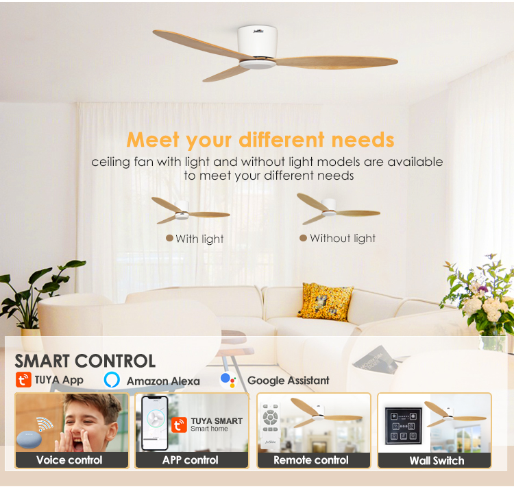 Remote Control 52" Air Cooling Fan for Low Profile Flush Mounted Ceiling in Smart Home