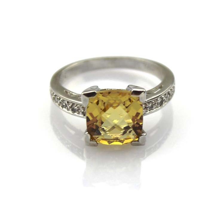 925 Sterlilng Silver Jewelry 7mmx7mm Yellow Citrine Cubic Zircon Ring(R0002)