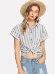 2019 Fashion women stripe design blouse with shirt collar