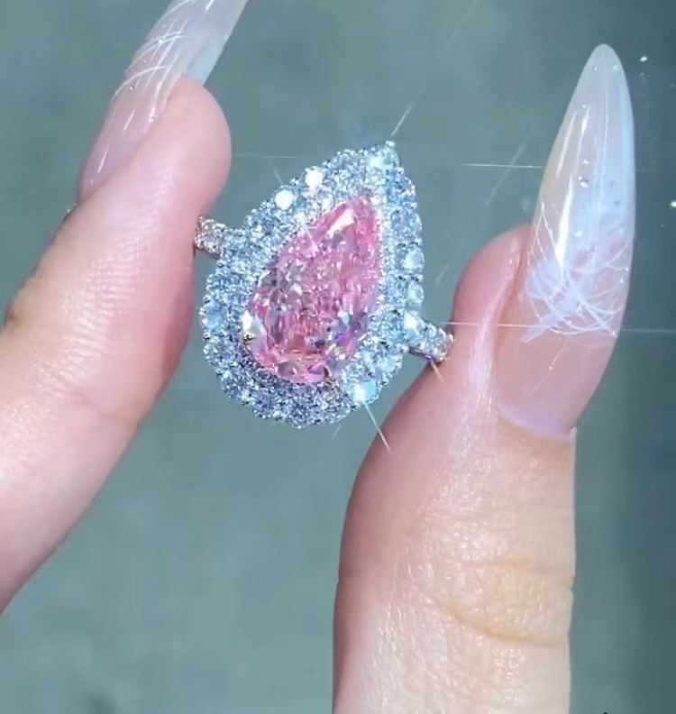 Pear Cut Pink Diamond Engagement Ring Wedding 18K White Gold CVD Diamond Ring