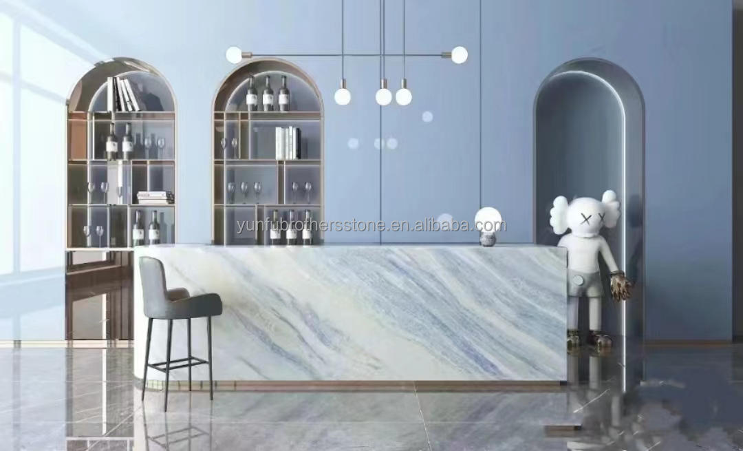Upgrade Your Living Staircase Hall with 20mm Blue Ice Onyx Stone Veneer and Backlight