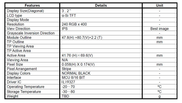 3.2 inch tft lcd display screen 240*400 with/without touch panel for MCU Interface R61509V