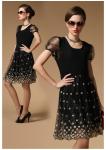 Ladylike style Scoop neck Embroidery lace short sleeves Slimming Burnt-out dress