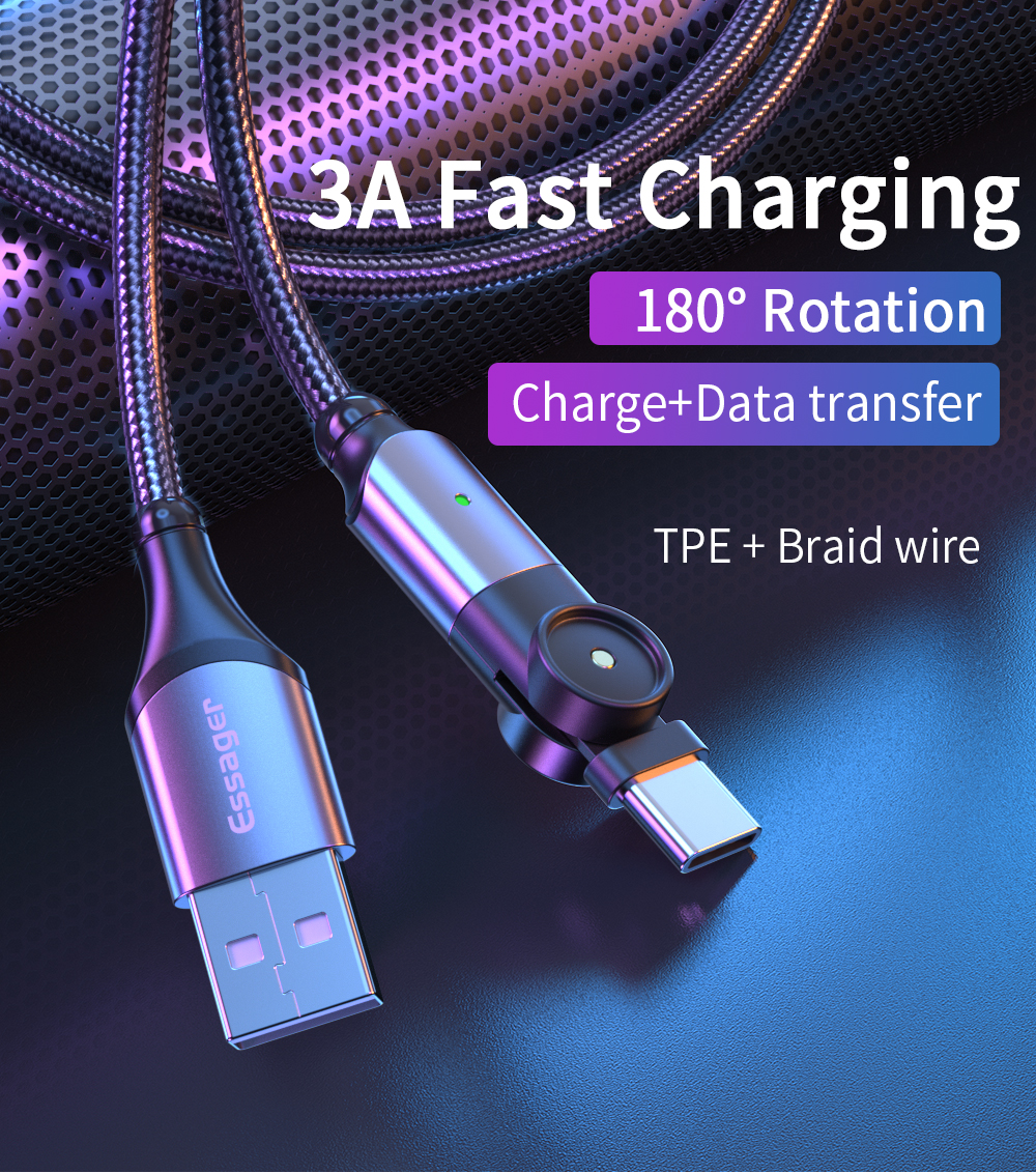 Original LED USB A To C Data Cable Fast Charging 180 Rotate 3A