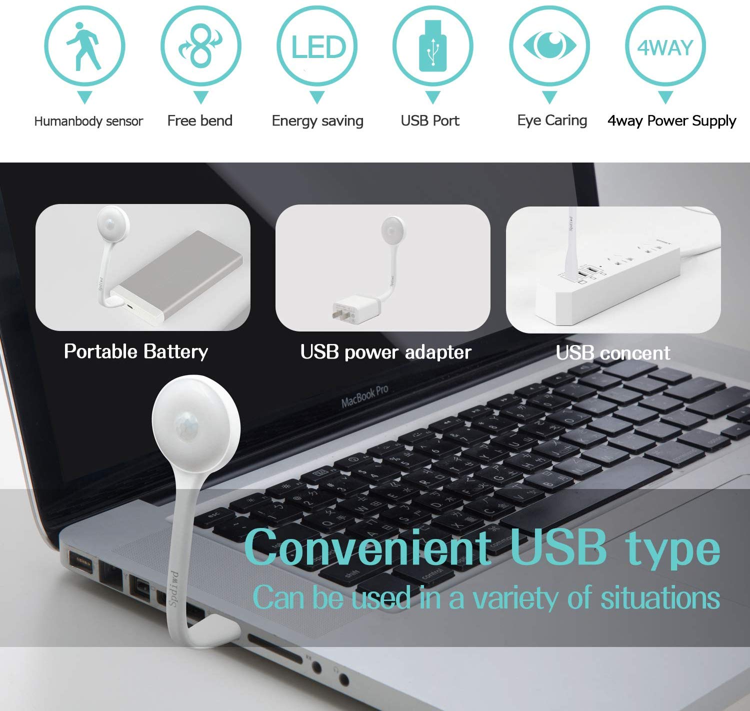 USB Reading Lamp,Keyboard Light,Motion Sensor Light,Adjust Angle Portable Flexible