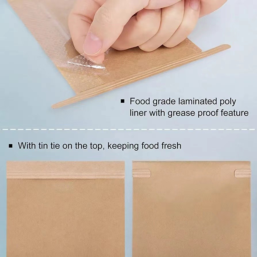 Bakery Bags with Window Brown Tin Tie Tab Lock Bags Kraft Paper Bags for Cookies, Coffee