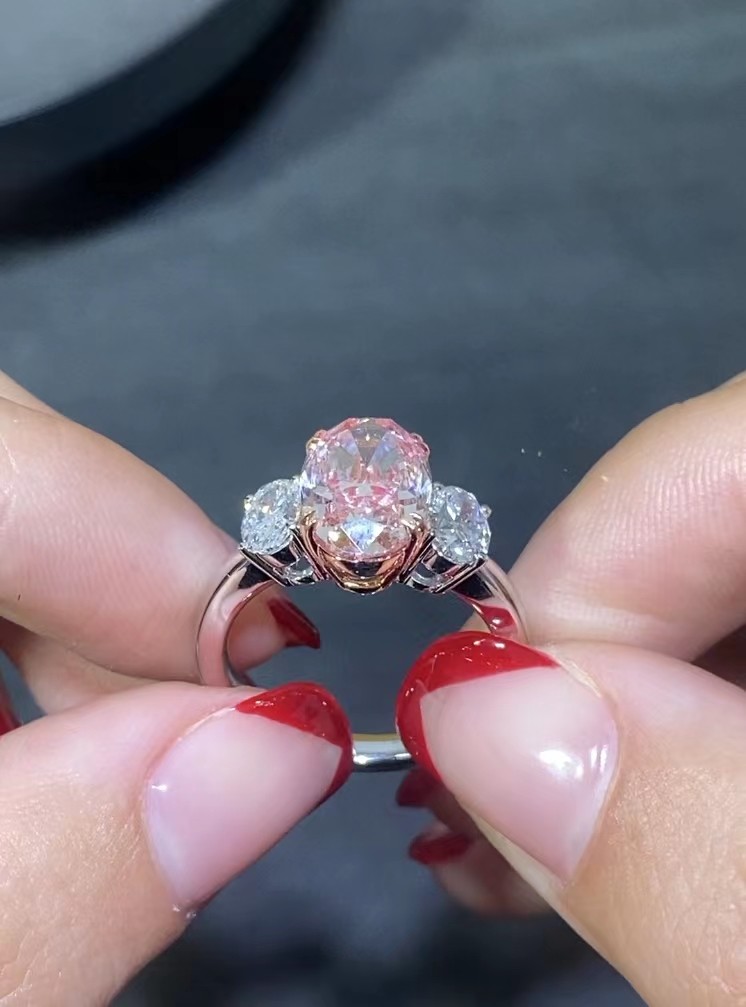 Large Size 3.52ct Pink Lab Created CVD Diamond Ring Oval Shape 18k White Gold Ring