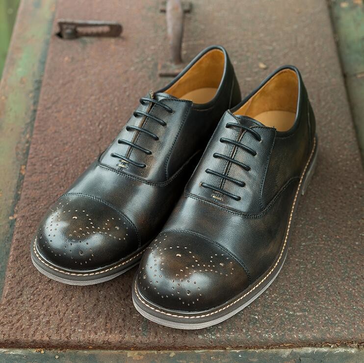 Round Toe Flats Mens Leather Casual Shoes Breathable Slip - On Black Sports Shoes