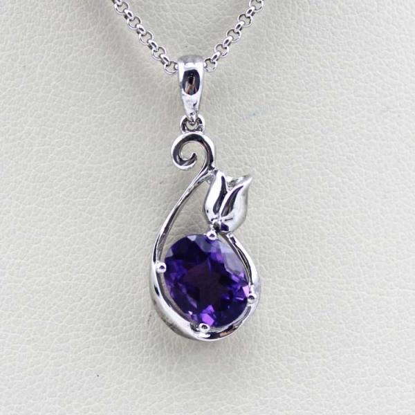 Fashion Jewelry Sterling Silver 7mmx9mm Oval Amethyst Cubic Zircon Pendant