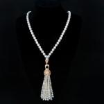 Round Shell Pearl Necklace with Cubic Zirconia Tassel Charm Gold Plated