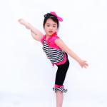 Black N White Strips Kids Dance Clothes With Black Rhinestones Ruflle Waist