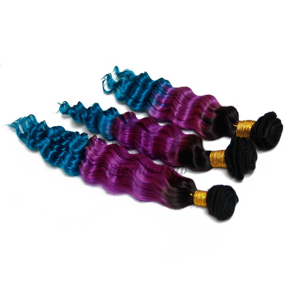 #T1B/Purple/Blue Deep Wave Remy Human Hair Bundles Sew In Weave Bundles Brazilian Bundle Deals