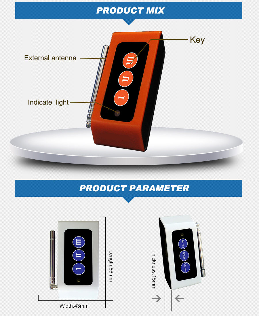 Hot sale wireless small size super signal transmitting distance multi-keys push call button