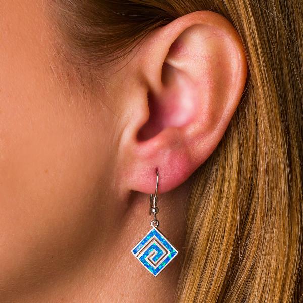 925 With Sterling Silver Natural Greek Key Blue Opal Dangle Crystal Earrings For
