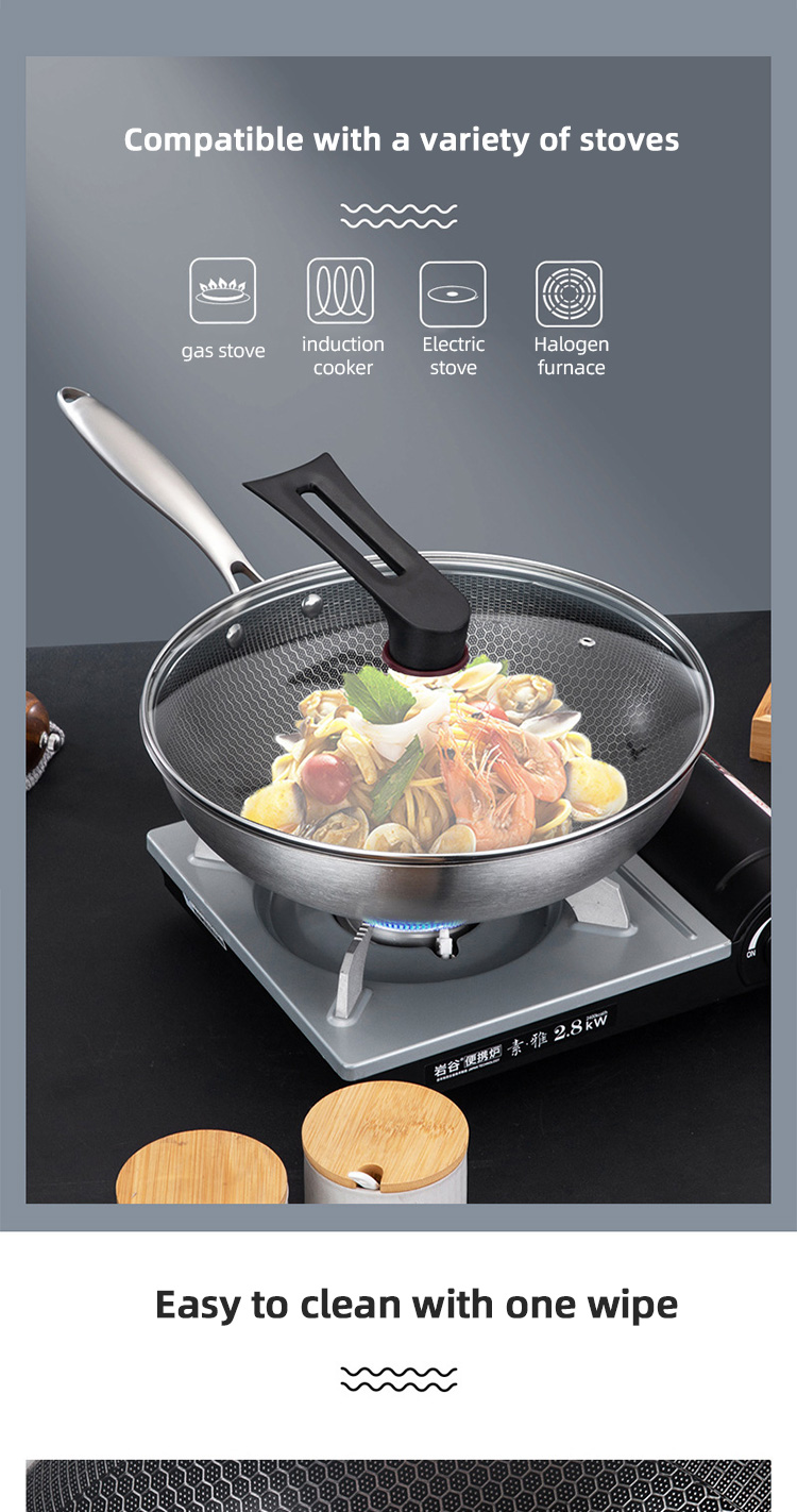 High Capacity Honeycomb Kitchen Frypan Non Stick Stainless Steel With Lid