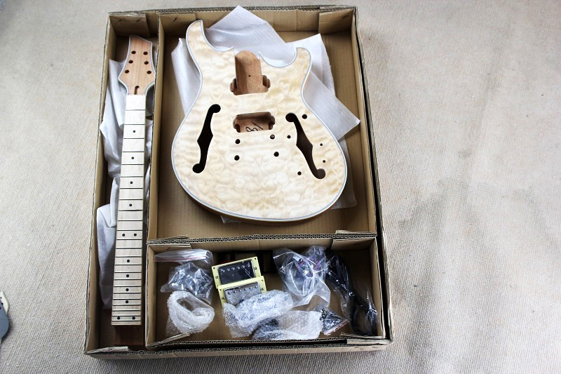 Custom Semi-hollow Electric Guitar Kit(Parts) with Mahogany Body ans Neck,Flame Maple Veneer,Chrome Hardwares,DIY Guitar
