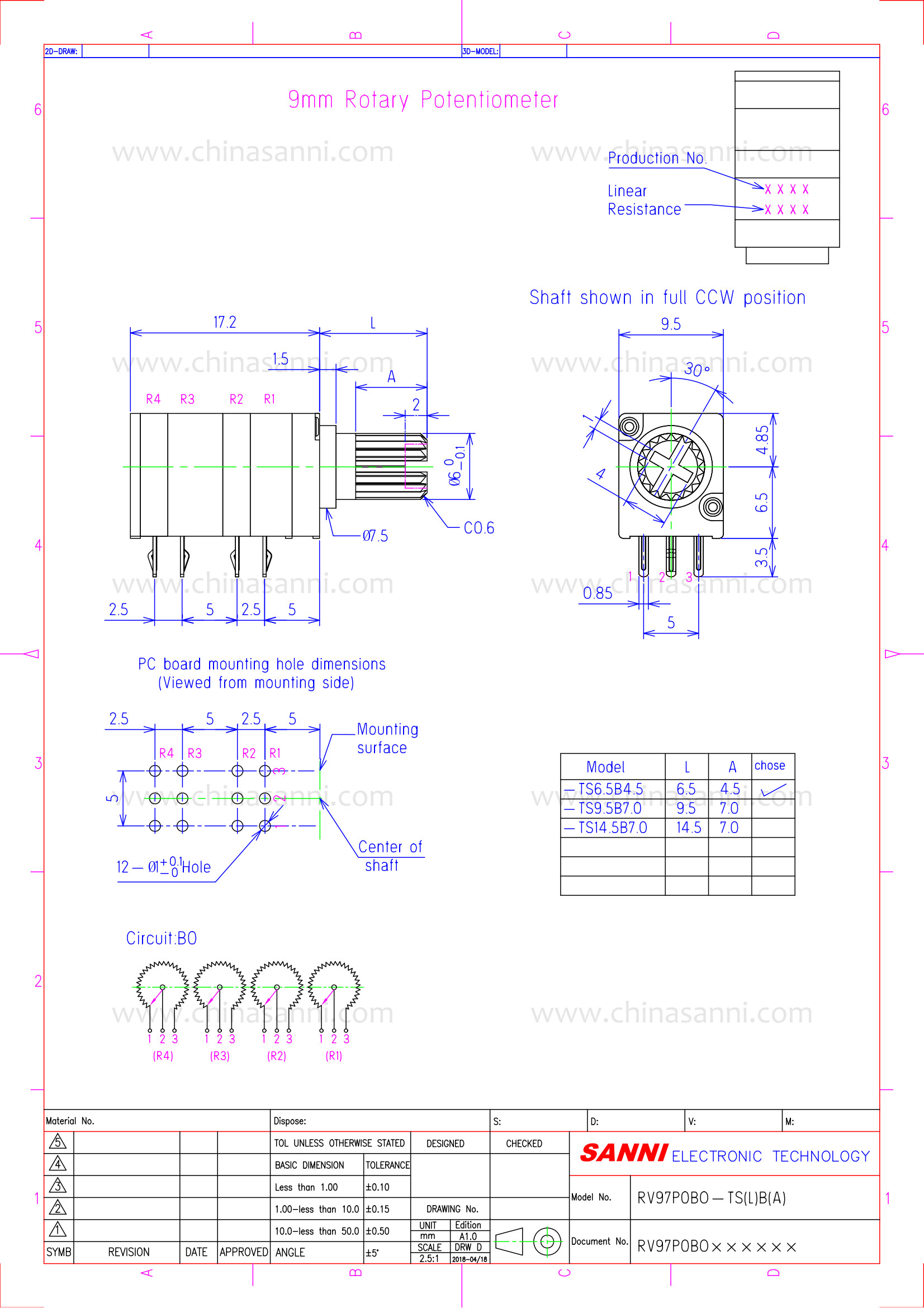 Manufacturer RV97 horizontal quad gang unequal foot distance 2.5*5.0mm sealed plastic shaft volume control rotary potentiometer