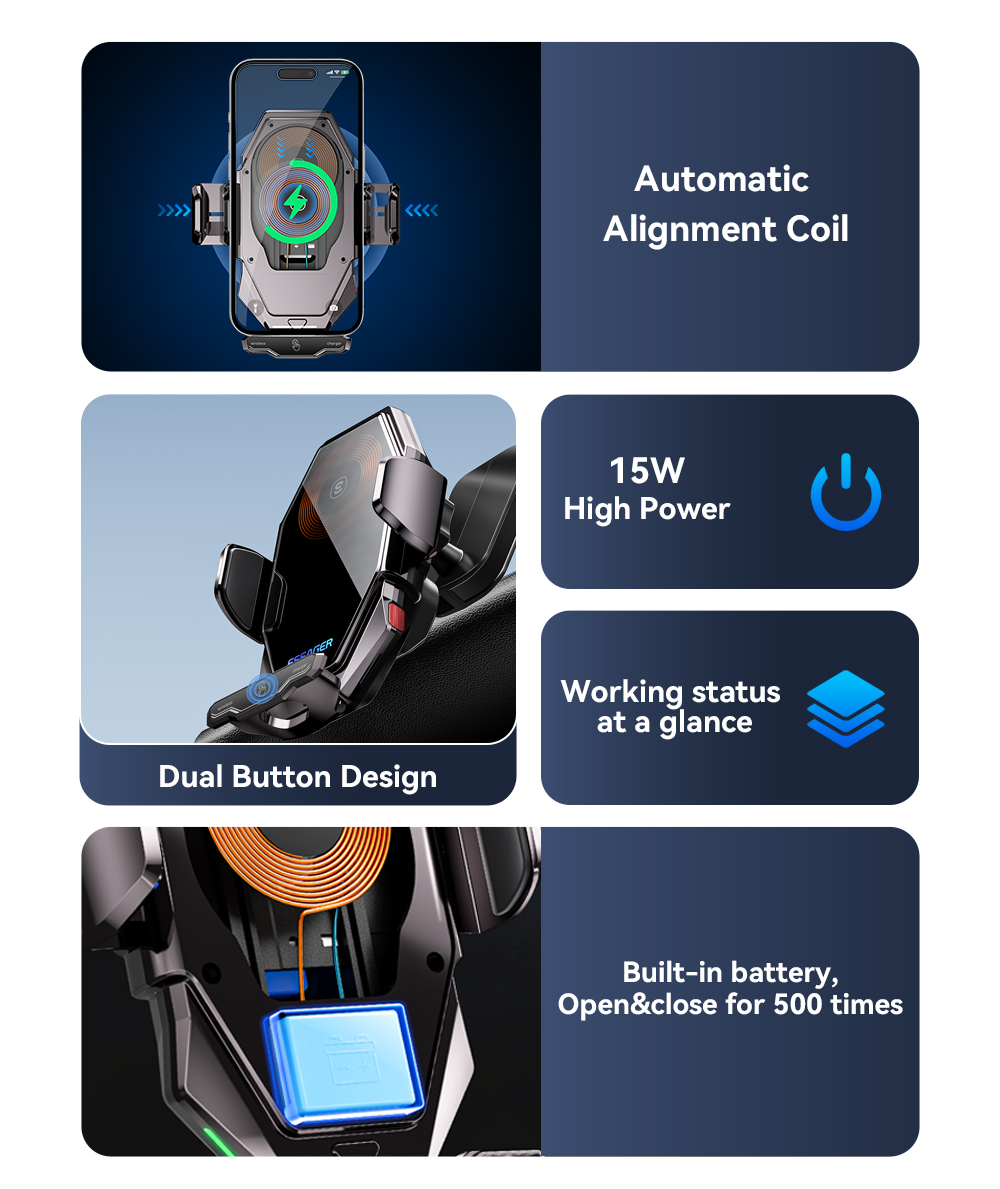 Essager 2023 Pilot 15W Wireless Car Phone Holder High Power 360 Free Rotation Fast Wireless Charging Car