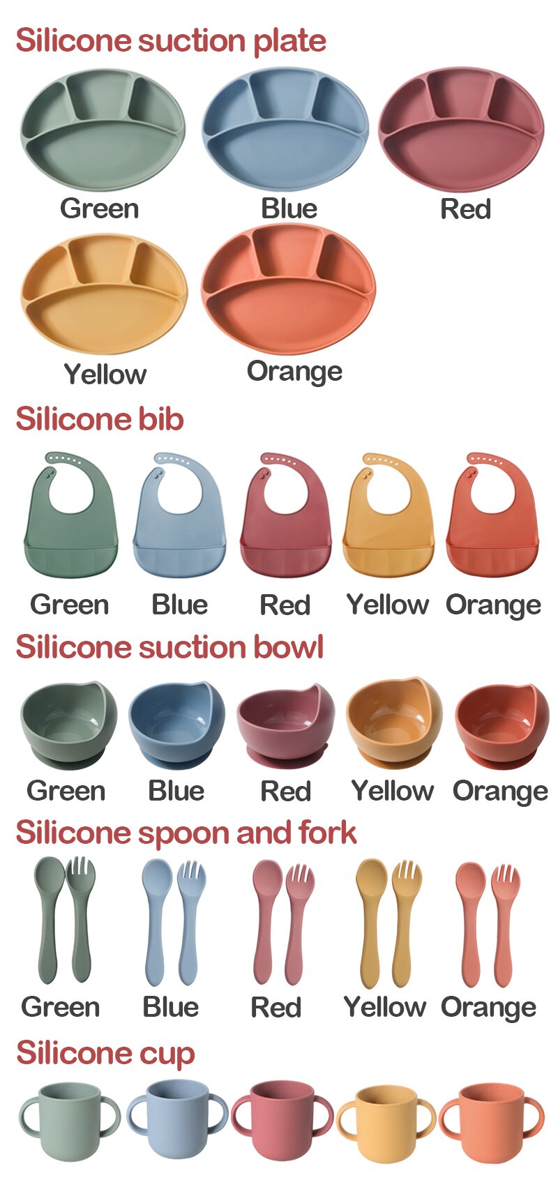 Portable Silicone Tableware Baby Feeding Set With Plate Feeding Spoon Cup Bowl Bib
