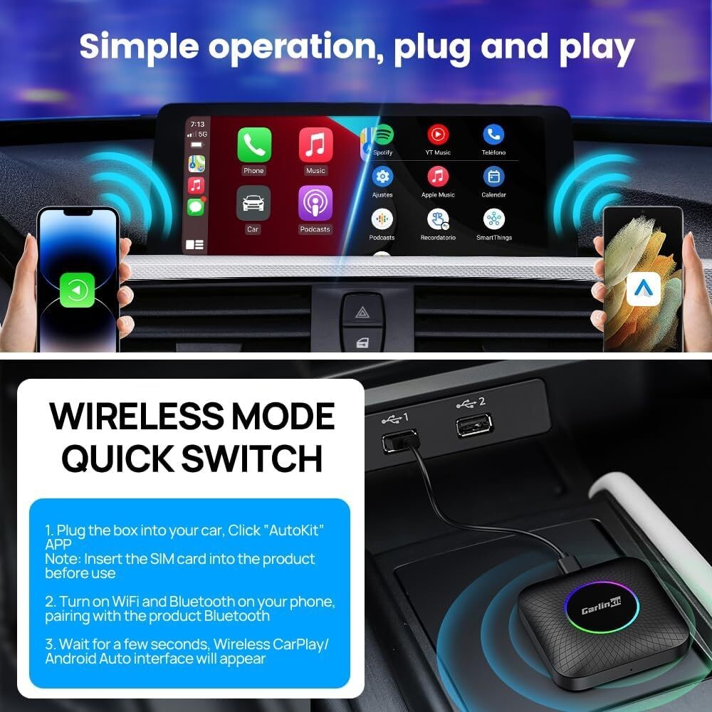MultiMedia Ai Box Wireless Adapter Carplay Android Auto Dongle CPC200-Tbox Ambient 8+128gb